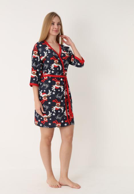 Halat dama Craciun,maneci 3/4,imprimeu reni ,culoare bleumarin ,En-gros